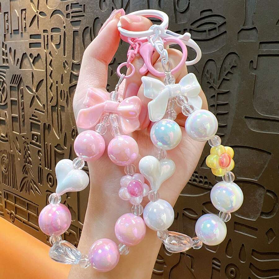 Llavero con cuentas de color caramelo creativo de San Valentín con dije de mariposa y corazón, accesorio lindo para parejas - Multicolor - Ver 1