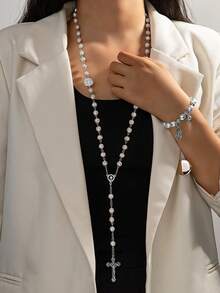 2件套优雅十字架吊坠串珠项链和手链套装，适合女性日常佩戴、参加派对、生日、节日礼物