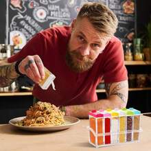 Botellas dispensadoras multifuncionales coloridas de 6 piezas, botellas de especias, caja de plástico para botellas de especias, dispensador de especias, juego de especias, estante de especias de 6 piezas, tarro de especias, contenedor de almacenamiento, contenedor de especias, tarro de especias con tapa, con bandeja, con sal, azúcar , especias, cereales - frascos de condimentos - Ver 9