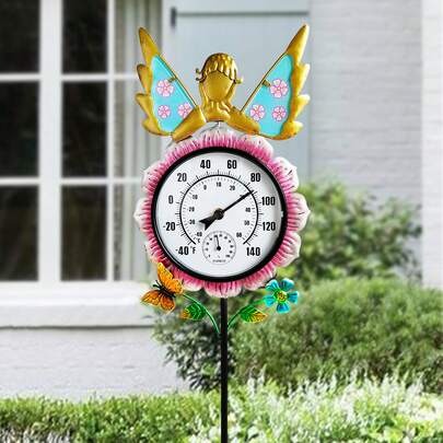 Enchanted Fairy Garden Thermometer - 44 Inch Outdoor Thermometer With Delicate Fairy Sculpture, Weather-Resistant For Patio And Yard Decor