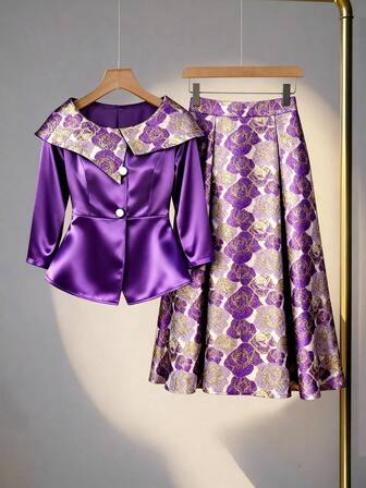 2 Pieces Skirt Suit Dress Suits Formal Occasion Party Elegant Jacquard Embroidery Peplum Top Set Outfit For Date,Party,Wedding,Bridesmaid ,Graduation ,Wedding Guest Fall Women Clothes,