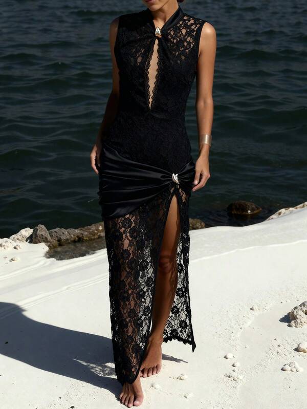 Vestido longo elegante, sem mangas, estilo cheongsam, com gola mandarim, decote profundo, cintura marcada, fenda na bainha, renda floral preta, renda transparente, sem mangas, vazado, fenda alta, ajuste fino, Natal, dia de Ação de Graças