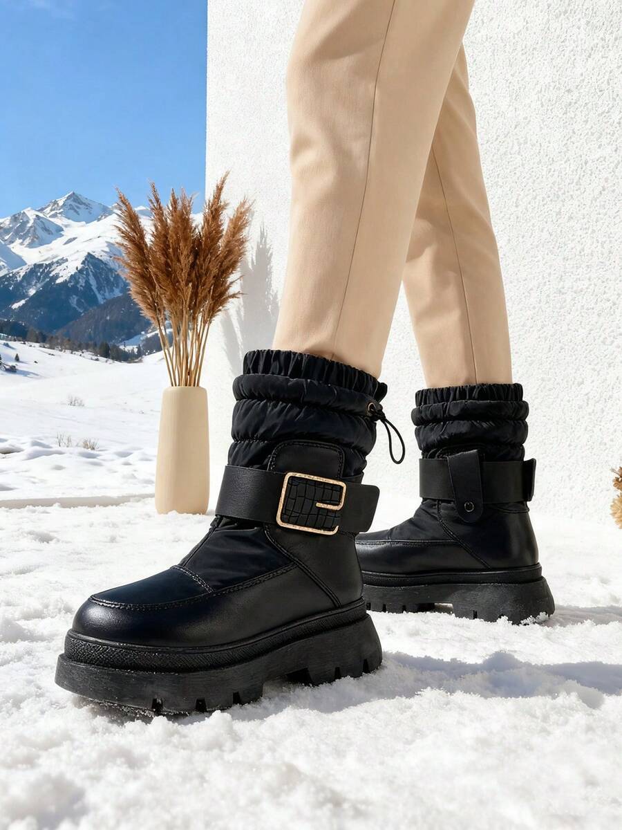 Women's Black Snow Boots With Thick Sole And Gold Decoration, Comfortable And Warm, Ideal For Daily Work, Vacations, Outings, Parties And Outdoor Activities - Black - View 1