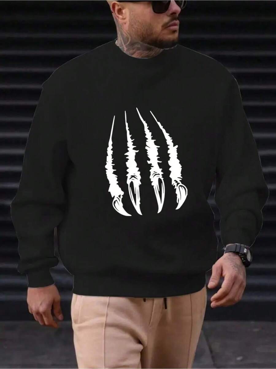 Men BlackWhite Bear Paw Print Sweatshirt Soft Breathable Long Sleeve Pullover With White Claw Marks Casual Round Neck Sweater For Casual Attire Parties Sleepwear Machine Washable Bear-Themed Outfit - Black - View 1
