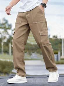 1 件 Tween 男童复古休闲时尚简约牛仔效果口袋工装裤，适合春/夏/秋/冬 - 卡其色 - 查看 2