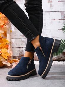 女士踝靴，女鞋冬靴，女士平底鞋，新款踝靴，带拉链的女鞋 - 藏蓝色 - 查看 6