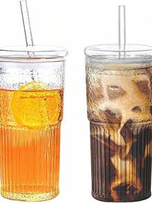 1 Set/Women's Transparent Minimalist Coffee Cup With Lid And Straw, Portable Coffee Drinking Vertical Patterned Glass Cup, Retro Striped Flat Bottomed Pan, Flat Bottomed Pan With Glass Straw, Coffee Cup - Multicolor - View 1