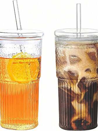 1 Set/Women's Transparent Minimalist Coffee Cup With Lid And Straw, Portable Coffee Drinking Vertical Patterned Glass Cup, Retro Striped Flat Bottomed Pan, Flat Bottomed Pan With Glass Straw, Coffee Cup