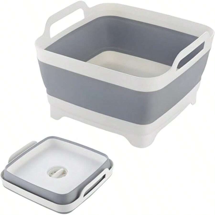 2,4 galones 9L Palangana plegable con tapón de drenaje, bandeja de almacenamiento de cocina, palangana para lavar platos, tina de platos portátil y plegable para camping y caravana, color gris - Blanco y gris - Ver 1