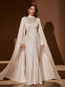Women's Solid Color Stand Collar Elegant Long Dress, Waist Beaded & Ruched Design, Soft Flowy Long Sleeve, Suitable For Parties, Banquets, Formal Occasions Wedding Spring Party - Apricot - View 6