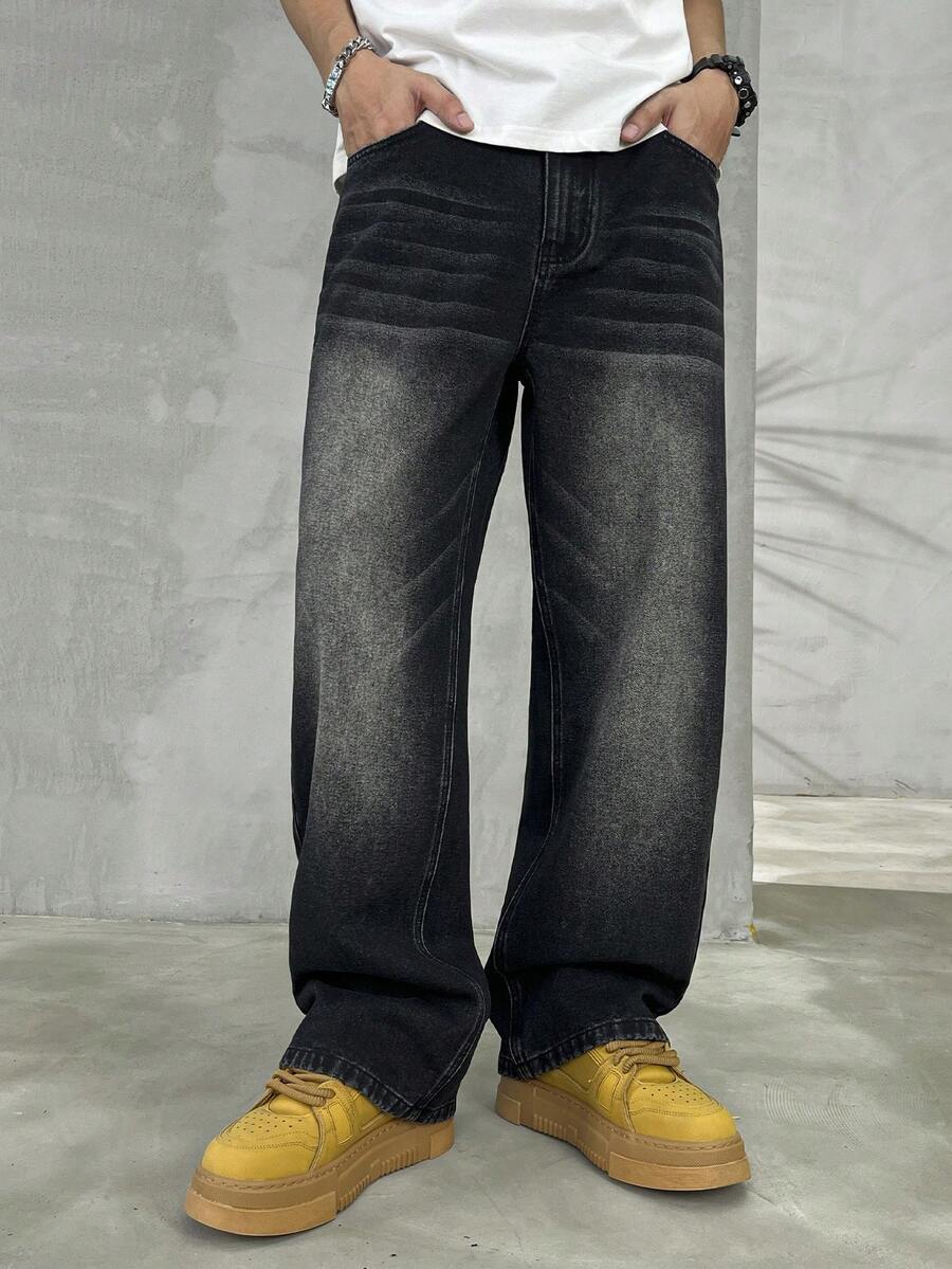 HEHCN 男士口袋水洗黑色阔腿休闲宽松牛仔裤，街头风宽松长裤，适合送给丈夫、男友 - 黑色 - 查看 1