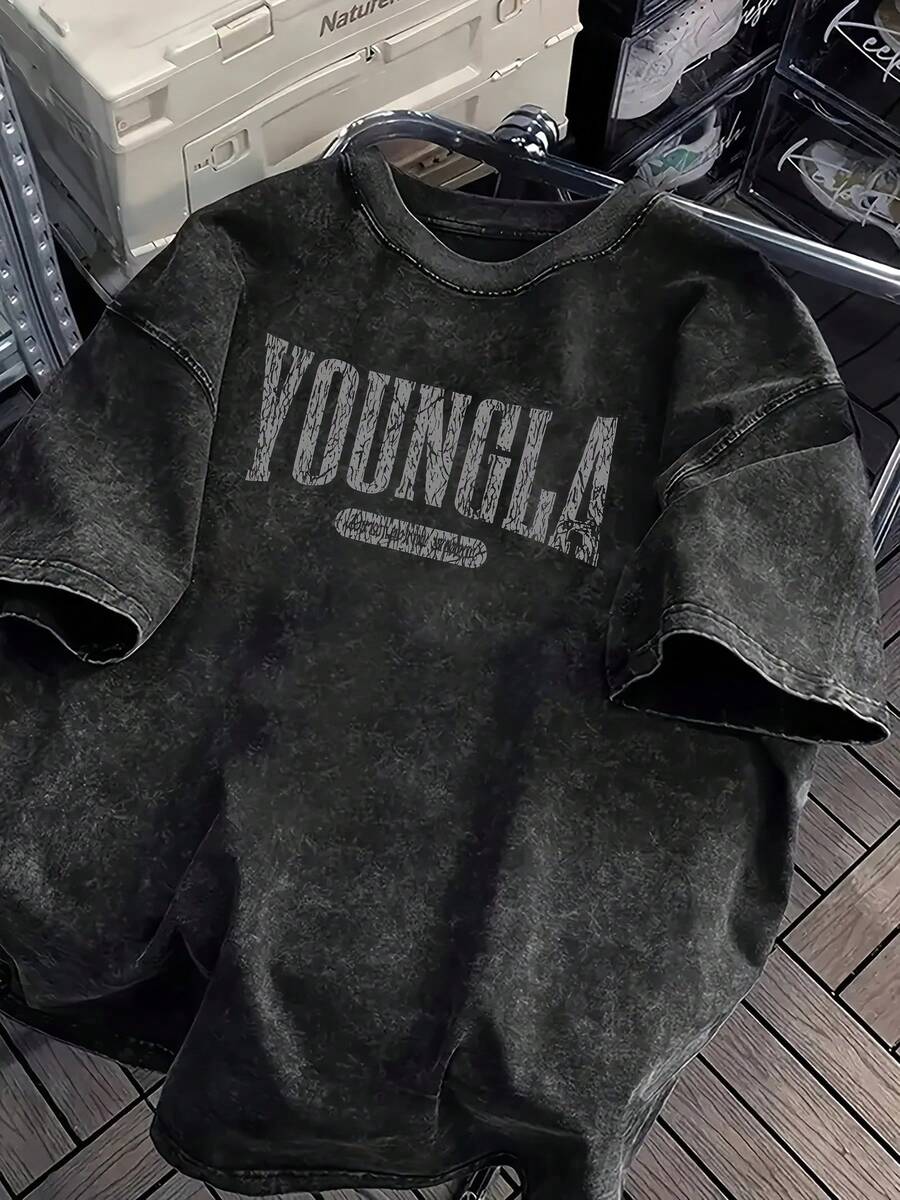 Men's Oversized Heavyweight 100% Cotton Vintage Washed YOUNGLA Graphic T-Shirt - Loose Street Style Printed Top, Bold Lettering Design, Distressed Effect, Big & Tall Crewneck Short Sleeve Casual Shirt For Men And Teens, Spring Summer Fall Daily Wear - 黑G - 查看 1