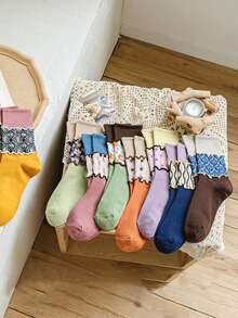 1/5 pares de meias curtas femininas bordadas com flores, meias quentinhas com estampa fofa - Multicolorido - Ver 3