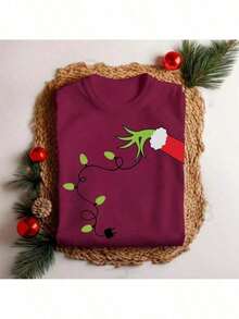 Camiseta Feminina Natal Mão Verde Pisca Pisca  Festa Personalizada - Marrom - Visão 5