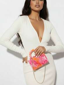Milky Way Orange-Pink Acrylic Clutch Bag With An Elegant Chain Strap And Beaded Handle, Designed For Hand-Carrying Or Shoulder-Carrying. This Distinctive Women's Evening Bag Makes The Perfect Accessory For Parties, Weddings, Or Brides, And Is Also An Ideal Christmas Gift For Family And Friends. - 珊瑚粉 - 查看 4