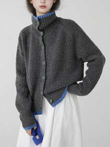 Alicedudu 女士休闲复古风格撞色饰边针织开衫，秋冬