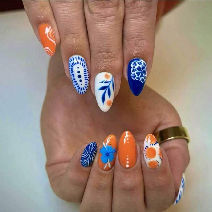 Exquisite And Fashionable New Design Wear Nail Encounter Bright Summer Fingertips Orange And Blue Romantic Nail Art 24 Pieces - 果凍膠款 - 查看 1