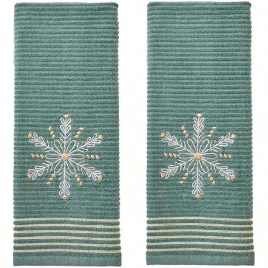 SKL Home - Juego de 2 Toallas de Mano de Trineo de muñ de Nieve para Navidad, Invierno, para baño, Cocina, Bar y Regalo, Color Azul(Verde) - Multicolor - Ver 1
