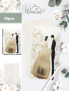 5张/10张新郎新娘邀请函，含信封贴纸，5 x 7英寸空白邀请卡，婚礼，新娘场景 - 彩色 - 查看 3