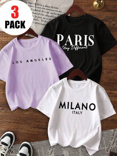 3pcs/Set Tween Girl Casual Printed Round Neck Short Sleeve T-Shirt, Summer Student Clothing - Colorful T-Shirts Bring Joy To Every Child! Graphic Tee Tops, Summer