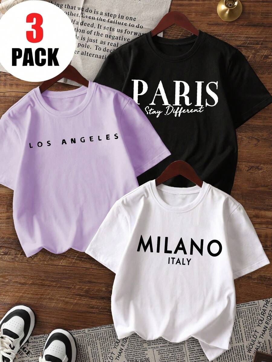 3pcs/Set Tween Girl Casual Printed Round Neck Short Sleeve T-Shirt, Summer Student Clothing - Colorful T-Shirts Bring Joy To Every Child! Graphic Tee Tops, Summer