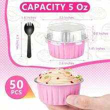 Disposable Ramekins 50 Packs With Lids And SpoonsMini Cake Pans Round Aluminum Foil Cupcake Baking Cups Muffin Cups Tins Disposable Cakecup Wrappers Cheesecake Creme Brulee-5 Oz Pink. - PinkRound - Xem 3