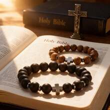 2PCS Cross Beaded Bracelet Set Wooden And Black Stone Christian Faith Prayer Bracelets For Men And Women - Multicolor - View 1