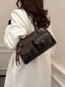 Classic Solid-Color PU Waterproof Fabric, Lettering Pattern Embellishment, Multi-Pocket Design. Shell Bag, Shoulder Bag, And Underarm Bag With Charm Accents. Ideal For Travel Shopping, Commuting To Work, Parties And Dates, And New Year's Outfits. - Cà phê nâu - Xem 2