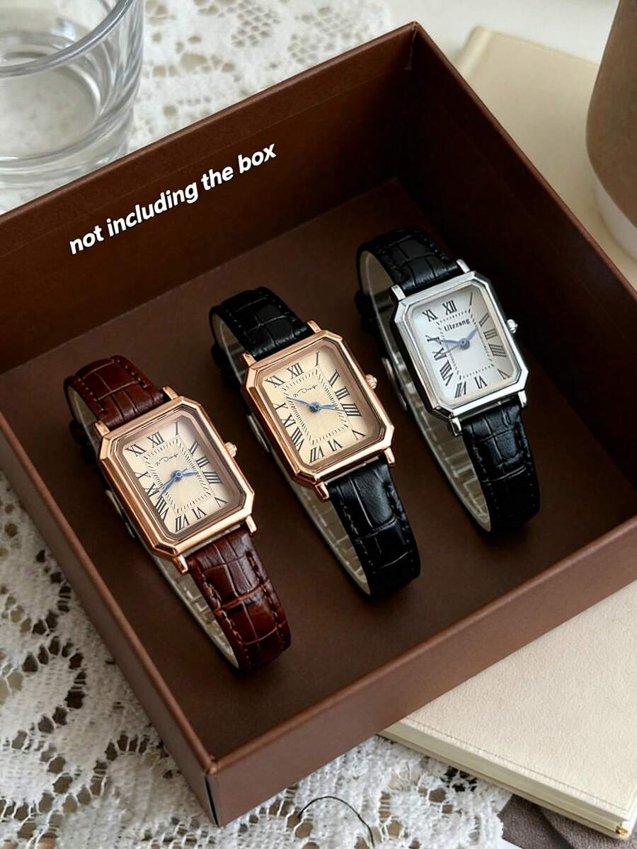 Retro Square Ladies' Watch With Roman Numerals, Crocodile Leather Strap With Multiple Colors To Choose From, Light Luxury Vintage Style Quartz Wristwatch, Accessory With A Unique Design Sense, 3pcs/Set - Multicolor - View 1