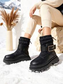 Women's Black Snow Boots With Thick Sole And Gold Decoration, Comfortable And Warm, Ideal For Daily Work, Vacations, Outings, Parties And Outdoor Activities - Black - View 4