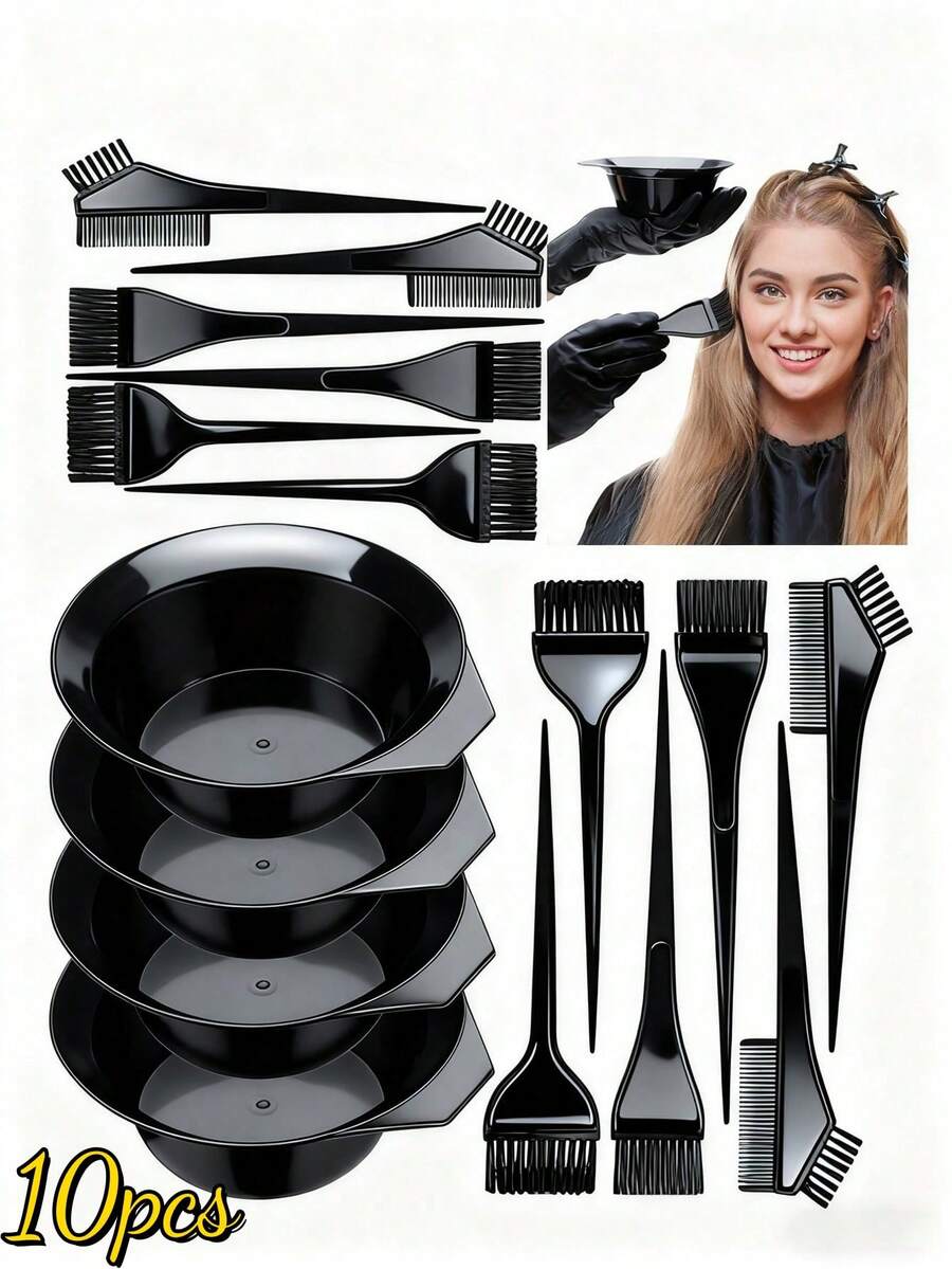 10pcs Professional Hair Dye Kit, Includes Dye Brush, Dye Bowl, Salon & Home Use, Hair Styling Tools, Beauty School Supplies, Travel Essentials, Women Hair Accessories, Smooth Back Brush, Hairdressing Accessories, Blow Dryer, Hair, Hairstylist, Hair Styling Tools, Hair Care Products, Blow Dryer, Hair, Hair Care Products - Multicolor - View 1