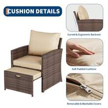 Conjunto de 5 piezas para patio con respaldo alto, 2 otomanas y mesa, sillones de ratán PE para todo tipo de clima con cojines suaves, perfectos para relajarse en el balcón, el porche, el jardín y junto a la piscina. - Marrón - Ver 4