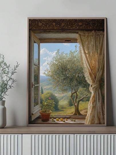 1pc A Window Of Hope, Islamic Art And The Majestic Olive Tree Wall Art, Modern Old City, Islamic Geometric Art Poster, Arabic Poster, Muslim Art, Festival Gift, Bedroom Decor, Living Room Decor, Kitchen Decor, Dormitory Decor, Ideal Gift For Friends, Wall Arts, Wall Decor, Home Decor, Room Decor, Canvas Wall Art, Posters, Wall Art With Frame, Optional Frame