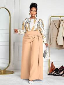 BIUBIU 大码撞色印花衬衫和纯色阔腿裤两件套 - 杏色 - 查看 3