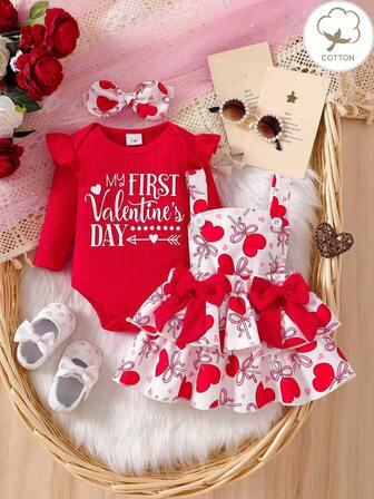 3pcs Baby Girls Christmas Outfit Set - Ruffle Collar Long Sleeve "My 1ST Christmas" Allover Print Romper, Santa Claus Print Layered Skirt Overalls With Bow Headband, Suitable For Christmas Wear