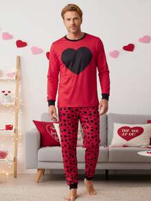 Valentines Day Matching Family Pajamas Set Stylish Love Heart Pattern Family Matching Outfits - Red - View 1