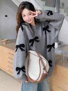 1pc Tween Girls Crew Neck Cute Casual Loose Fit Long Sleeve Knit Sweater, Suitable For Autumn/Winter - Dark Grey - View 2