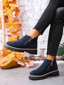 女士踝靴，女鞋冬靴，女士平底鞋，新款踝靴，带拉链的女鞋 - 藏蓝色 - 查看 12