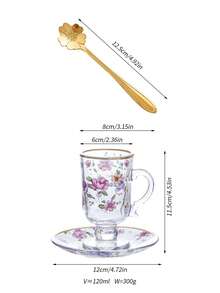 一套六件中东风格茶杯碟套装，复古棕色玻璃花卉图案茶/咖啡杯，杯腰设计，加厚杯底，防止茶水变凉，适合六人使用，是生日、聚会、下午茶的理想之选。 - 彩色 - 查看 2