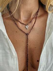 1pc Design Sense Crushed Stone Shimmering Collarbone Chain, Niche Heart-Shaped Pendant, Long Beaded Necklace Accessory - Necklace - View 3
