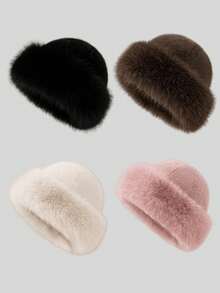 1pc/4pcs New Faux Fur Fashion Hat, Warm & Comfortable Fluffy Cap For Women In Autumn/Winter, Cold-Proof, Cute & Stylish Winter Outfit - Multicolor - View 4