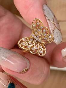1pc 925 Sterling Silver Plated Gold Butterfly Zirconia Ring, Elegant Jewelry Ring, Charming Promise Ring For Women, Delicate Jewelry Gift, Suitable For Girls' Daily Wear
