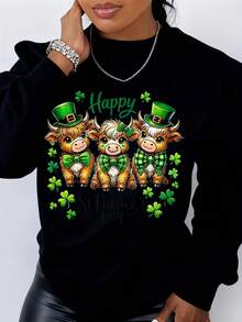 Happy St Patricks Day Cow Leprechaun Hat Green Bow Tie Shamrock Sweatshirt Women's Crewneck Long Sleeve Casual Holiday Shirt - Black - View 2