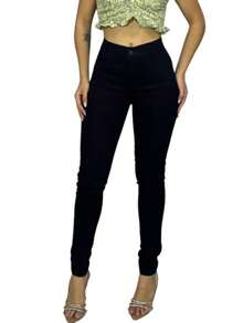 Calça jeans branca feminina skinny lisa Cintura alta - Preto - Visão 2