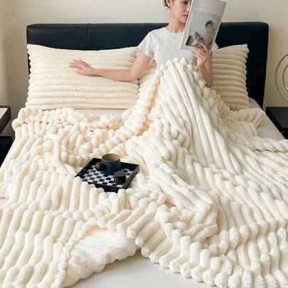 1件装柔软复古风人造毛皮毯 - 沙发和椅子的舒适之选，条纹图案，可机洗，涤纶混纺，四季皆宜，椅套/床罩 | 柔软毯子 | 涤纶混纺，兔子装饰