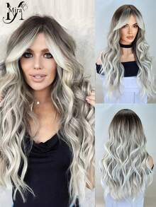 Gray Wigs For Women Long Ombre Brown Grey Curly Wig With Air Bangs Dark Roots Heat Resistant Synthetic Wig For Daily Use - Gray Ombre - View 1
