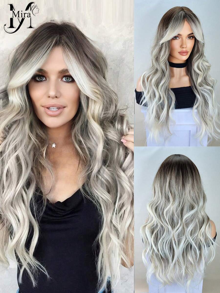 Gray Wigs For Women Long Ombre Brown Grey Curly Wig With Air Bangs Dark Roots Heat Resistant Synthetic Wig For Daily Use - Gray Ombre - View 1