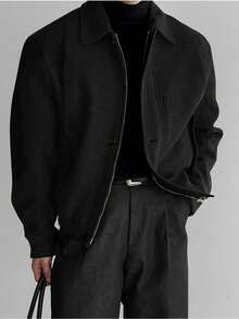 男士高品质加厚翻领羊毛混纺短款夹克，美式复古休闲时尚轻便防风外套，适合春、秋、冬季穿着。 - 黑色 - 查看 1