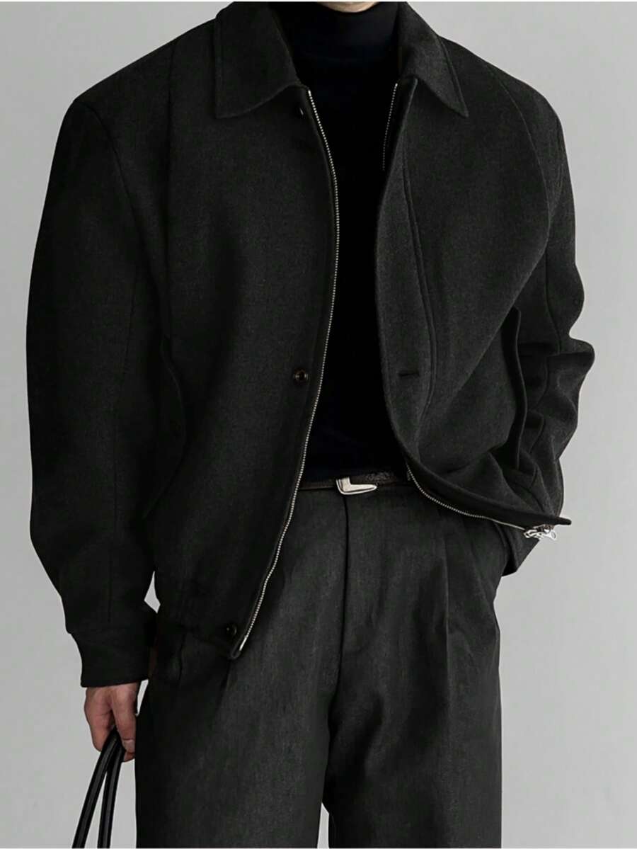 男士高品质加厚翻领羊毛混纺短款夹克，美式复古休闲时尚轻便防风外套，适合春、秋、冬季穿着。 - 黑色 - 查看 1