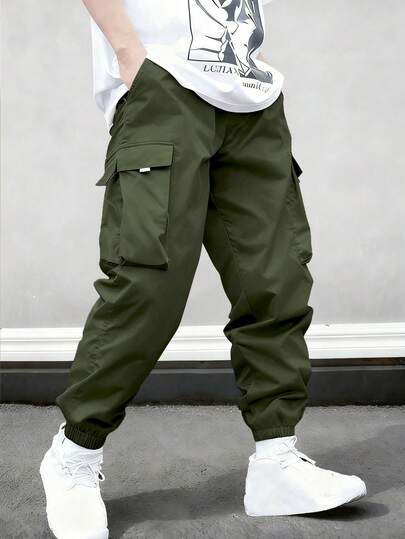 1pc Breathable Casual Stylish Multi-Pocket Cargo Pants For Teenage Boys, Suitable For Home, Commute, School, Outdoor Activities, Parties, Autumn/Winter, Streetwear, Spring/Summer